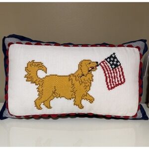 Martha Stewart Patriotic Pillow 4th of July  Needlepoint Gold Retriever New